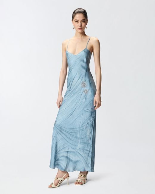 Pinko Blue Fluid Slip Dress With Placed Jewel Print