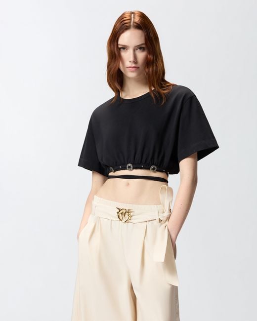 Pinko Black Cropped T-Shirt With Lace And Texan Details