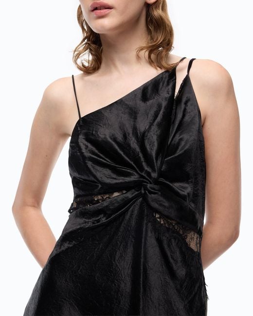 Pinko Black Long Satin Dress With Draping And Lace