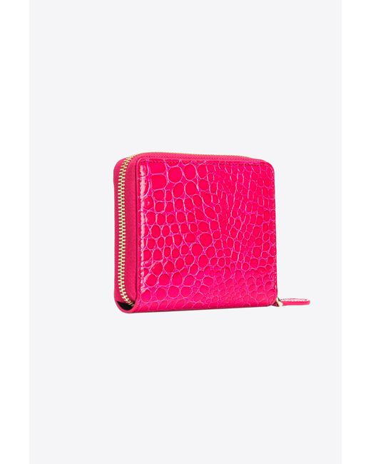 Pinko Pink Galleria Square Zip-around Wallet In Shiny Croc-print Leather