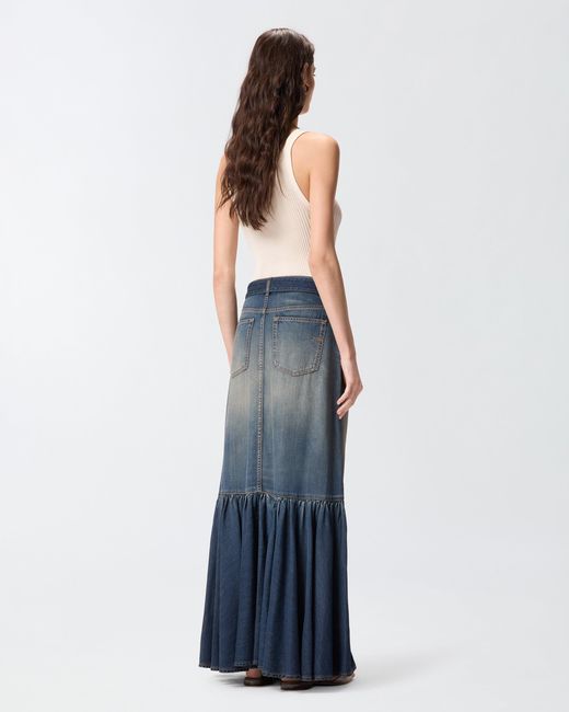 Pinko Blue Long Denim Skirt With Flounce And Belt