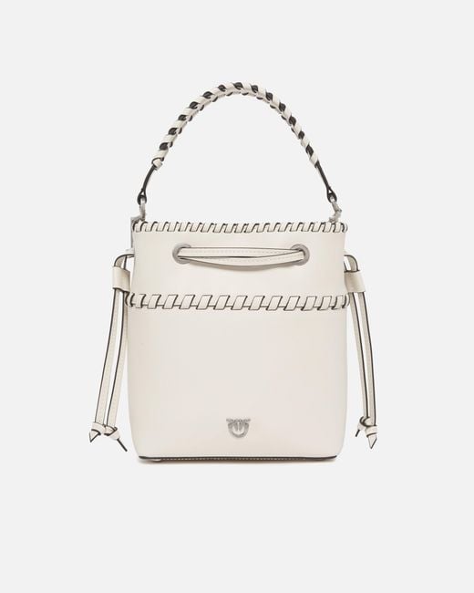 Pinko White Small Leather Bucket Bag With Threaded Detailing