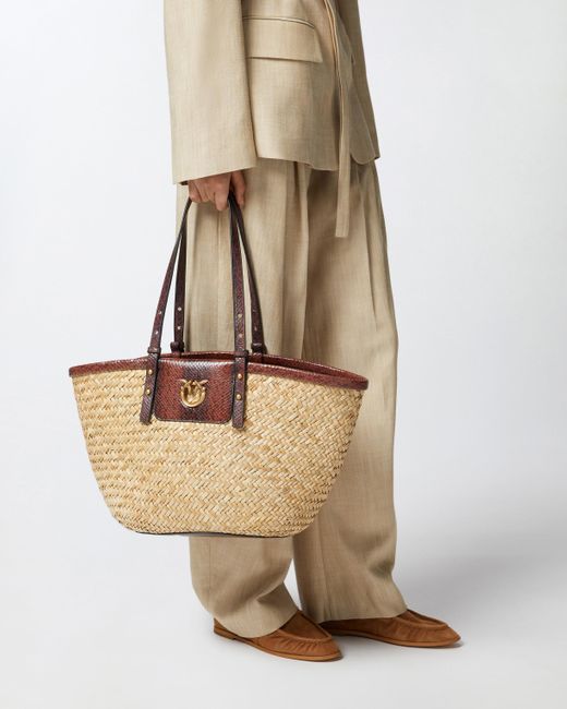Pinko Natural Raffia Shopper Bag With Reptile-Print Details