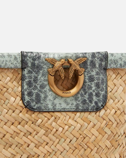 Pinko White Small Bucket Bag In Woven Raffia And Leather