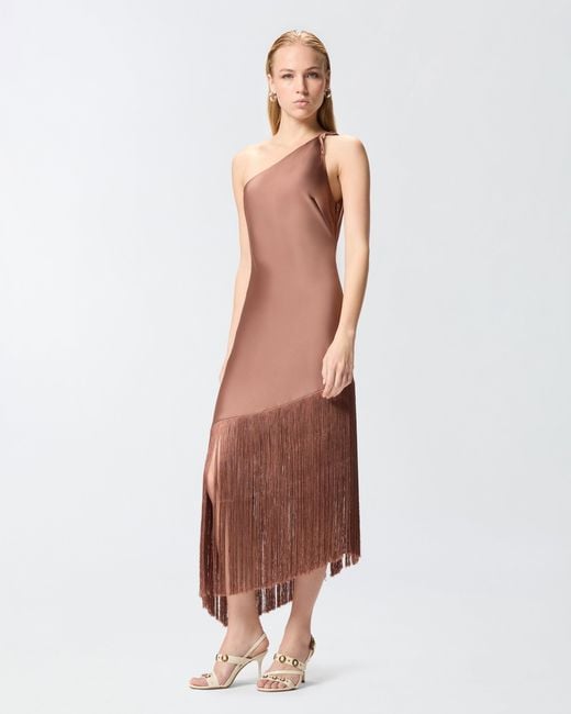 Pinko White Satin One-Shoulder Mini Dress With Fringing