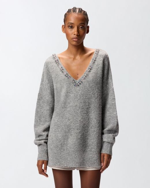 Jersey De Mezcla De Lana Con Bordado Joya, Gris-Monumento Gr Pinko de color Gray