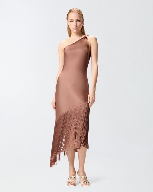 Pinko White Satin One-Shoulder Mini Dress With Fringing