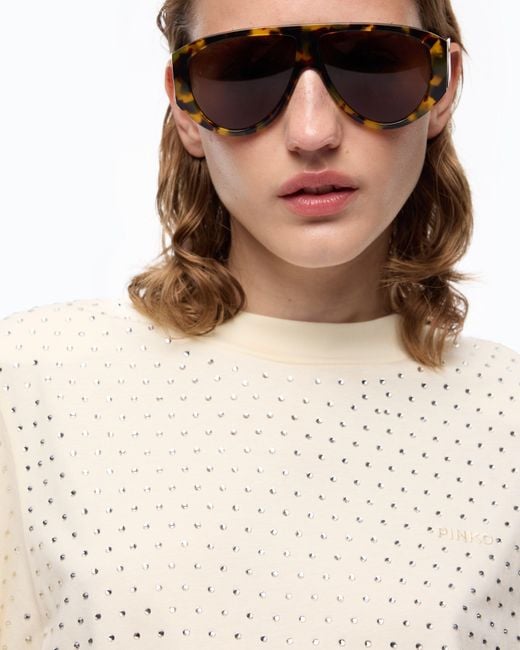 Pinko White T-Shirt With Rhinestones And Logo