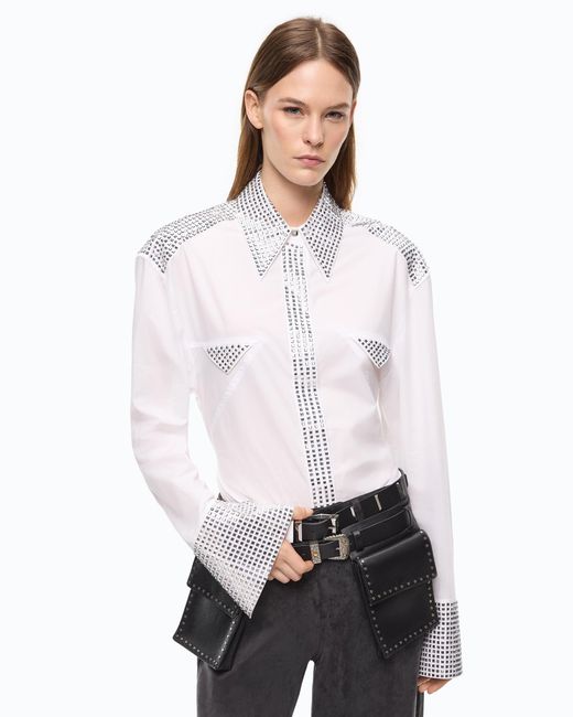 Pinko White Poplin Shirt With Strass Embellishments