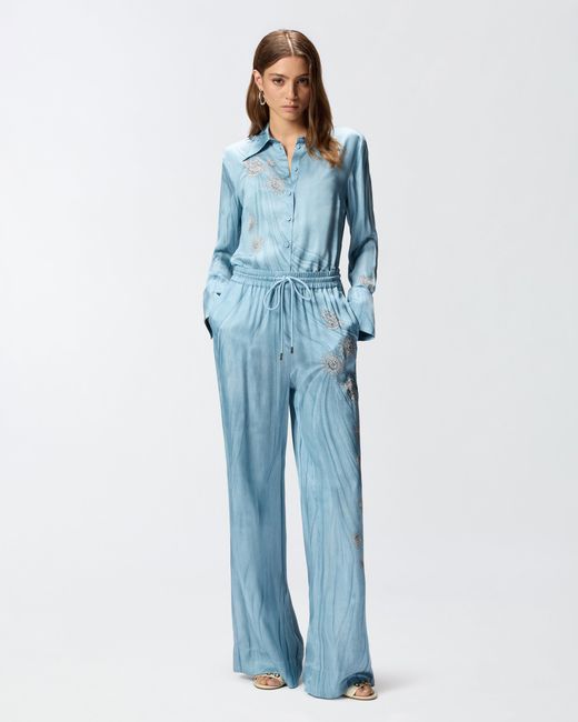Pinko Blue Fluid Trousers With Placed Jewel Print
