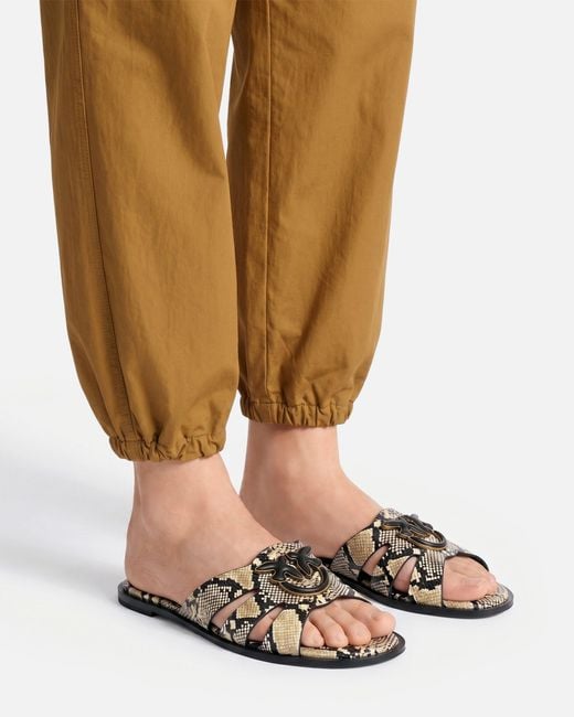 Pinko White Leather Slip-On Sandals With Python Print And Love Birds Logo