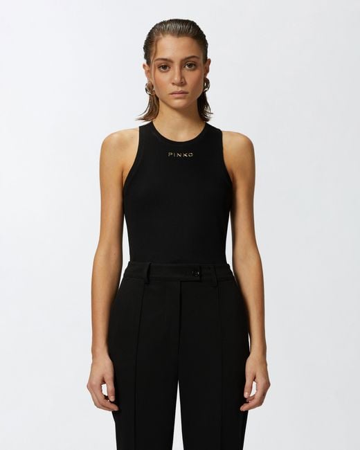 Pinko Black Ribbed Top With Logo