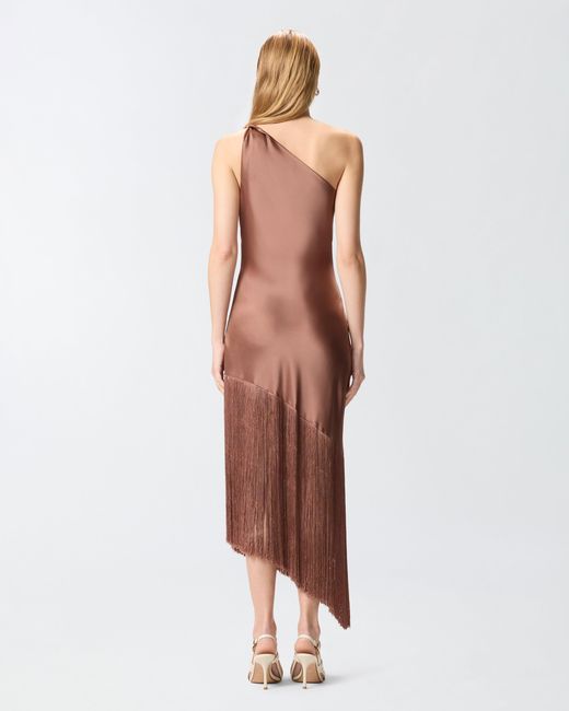 Pinko White Satin One-Shoulder Mini Dress With Fringing