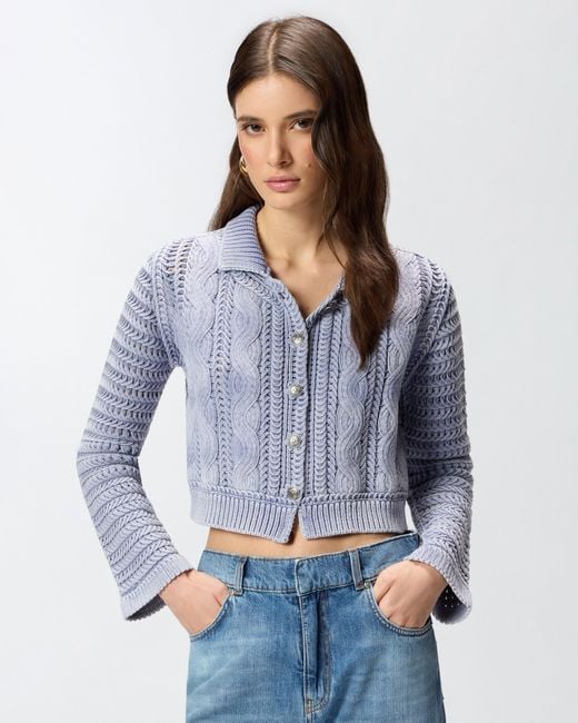 Pinko Blue Cropped Cardigan With Chunky Knit And Braids