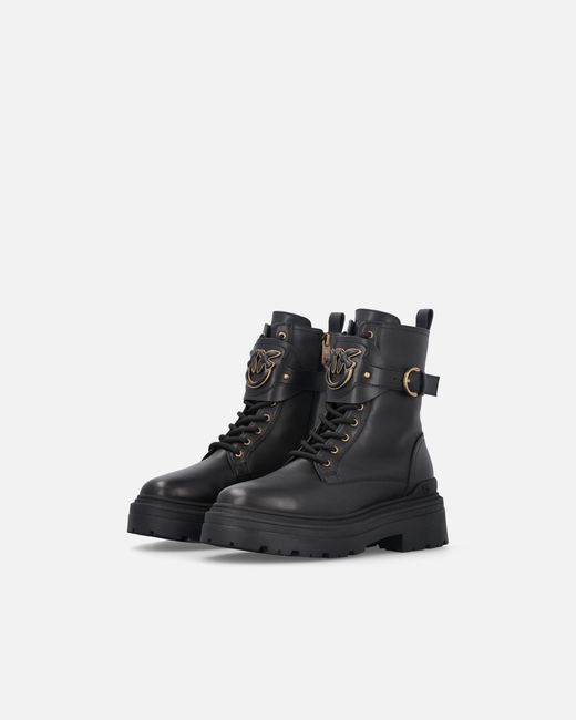 Pinko Black Leather Combat Boots With Branded Front Strap