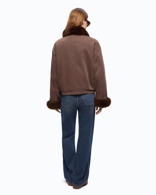 Pinko Brown Cotton Pea Coat With Faux Fur Details