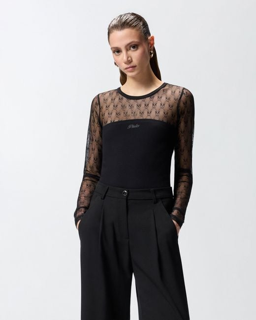 Pinko Black Jersey Sweater With Love Birds Logo Lace