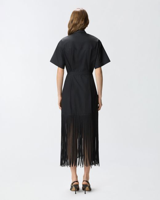 Pinko Black Long Shirt Dress With Fringing And Metallic Details