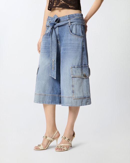 Pinko Blue Denim Utility Bermuda Shorts With Belt