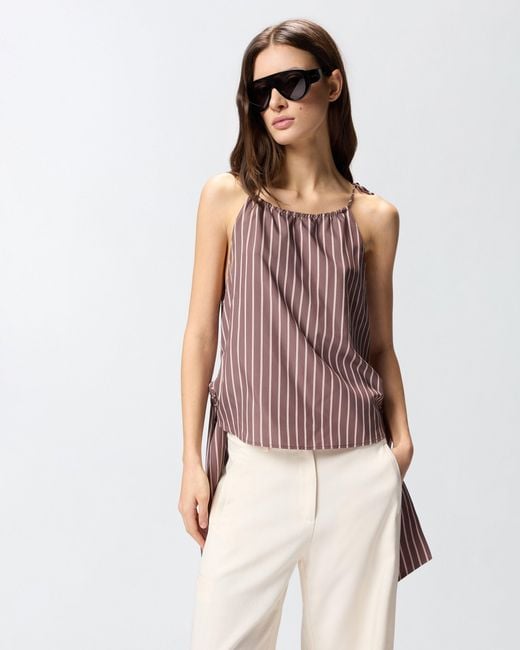 Pinko Brown Striped Top With Thin Shoulder Straps And Bows