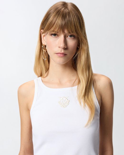 Pinko White Ribbed Vest Top With Love Birds Embroidery