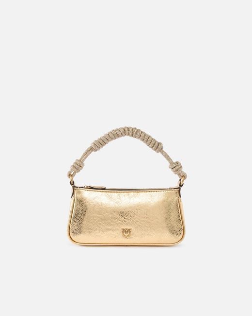 Pinko Metallic Mini Half Moon Small Handbag In Laminated Leather With Rhinestones