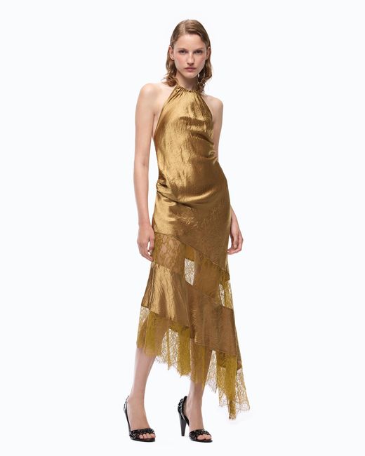 Pinko Metallic Asymmetric Satin Midi Dress With Lace