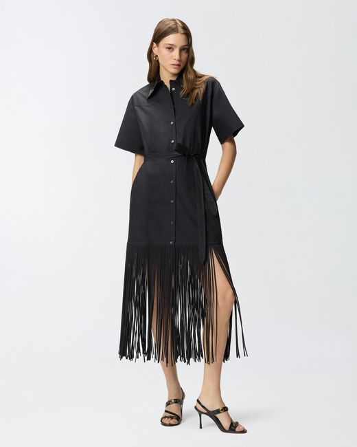 Pinko Black Long Shirt Dress With Fringing And Metallic Details