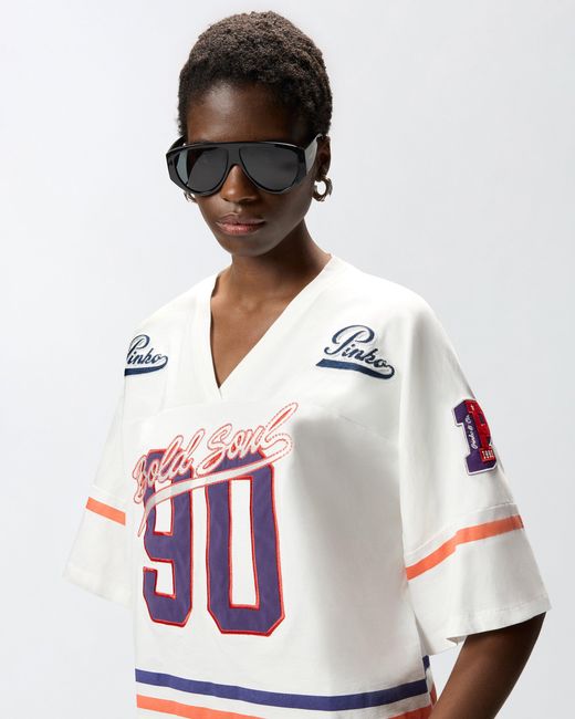 Pinko White Cropped T-Shirt With V-Neck And Branded Patches