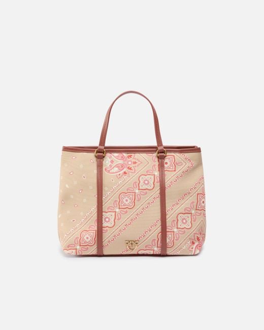 Borsa Shopper Media A Mano Stampa Bandana Con Tracolla di Pinko in Pink