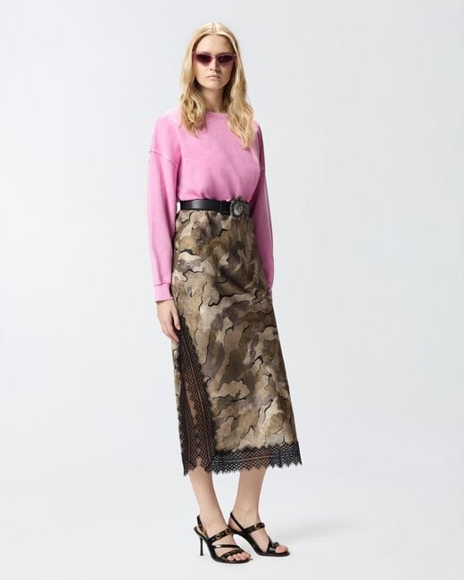 Pinko Natural Camouflage Midi Skirt With Lace And Slit