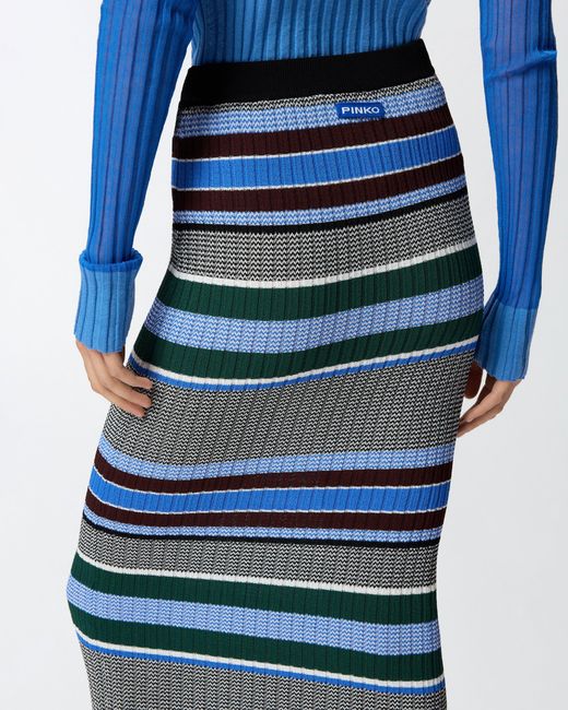 Pinko Blue Calf-Length Striped Knit Slim-Fit Skirt