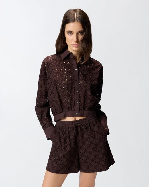 Pinko Brown Cropped Shirt With Broderie Anglaise