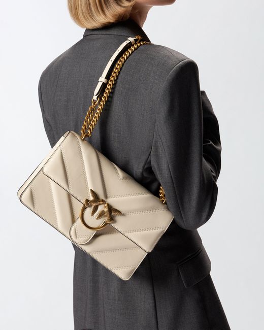 Pinko Natural Medium Love Bag Pebbled Leather Crossbody Bag With V-Shaped Pattern And Logo