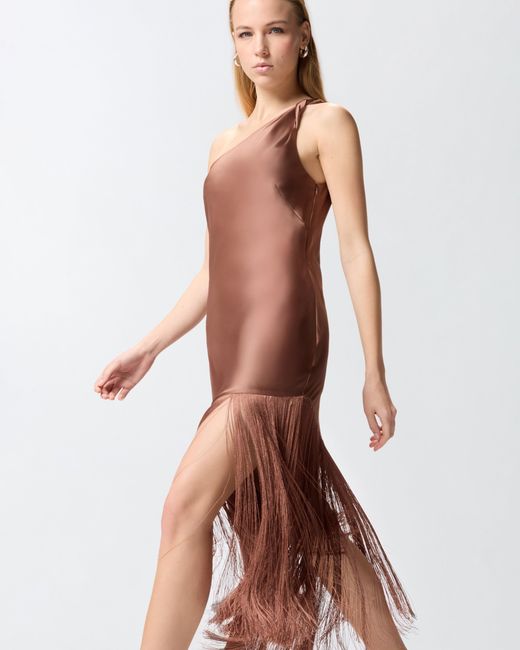 Pinko White Satin One-Shoulder Mini Dress With Fringing