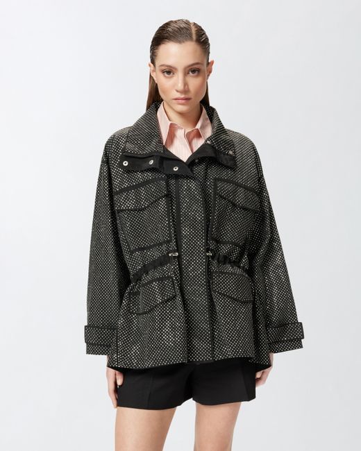 Pinko Gray Technical Parka With Rhinestone-effect Mini Studs