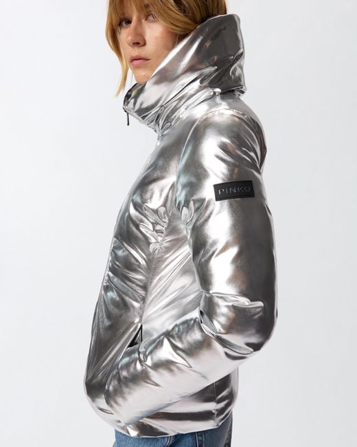 Pinko Metallic Down Jacket In Mirror-effect Fabric