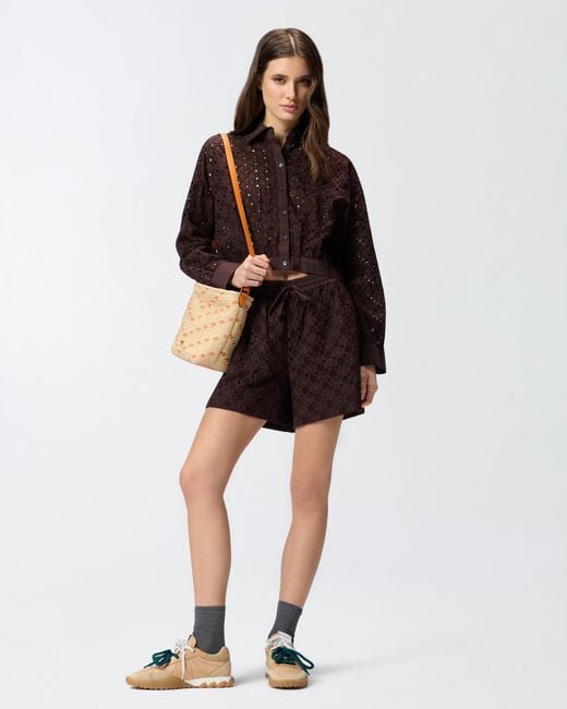 Pinko Brown Cropped Shirt With Broderie Anglaise