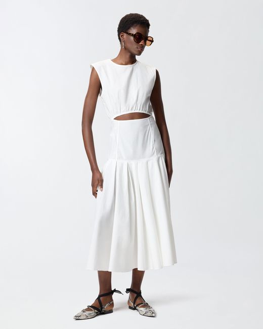 Pinko White Sleeveless Midi Dress With Pleats And Cut-Out