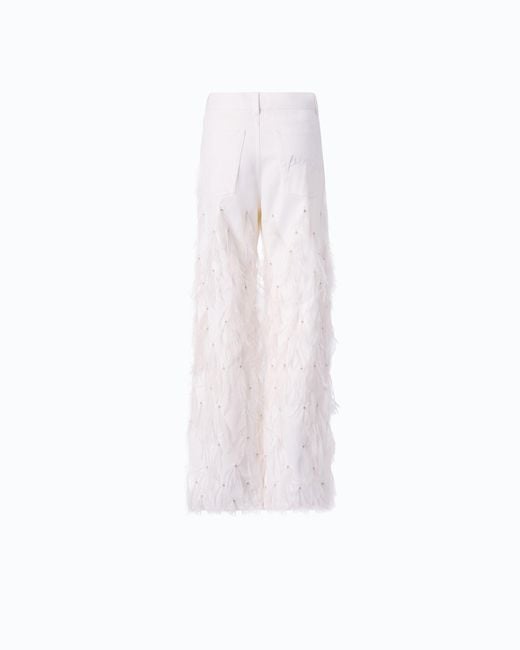 Pinko White Wide-Leg Trousers With Feathers And Rhinestones