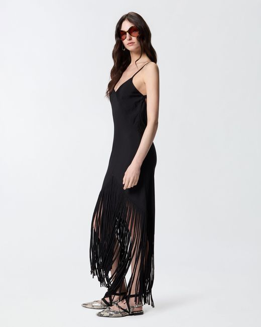 Pinko Black Long Slip Dress With Fringing
