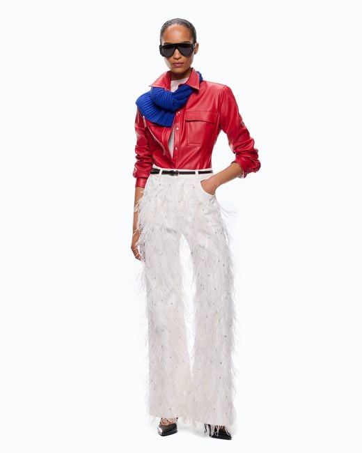Pinko White Wide-Leg Trousers With Feathers And Rhinestones