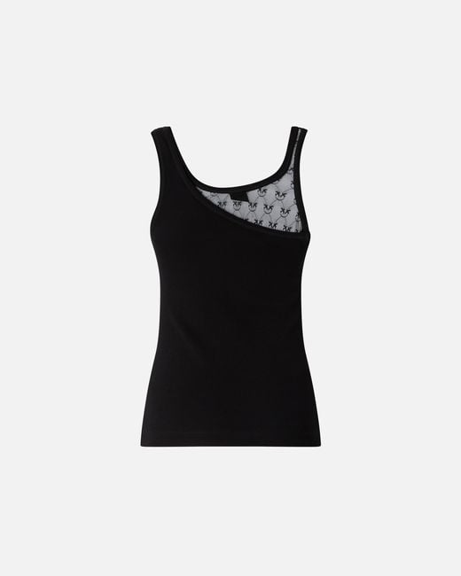 Pinko Black Vest Top With Love Birds Logo Lace