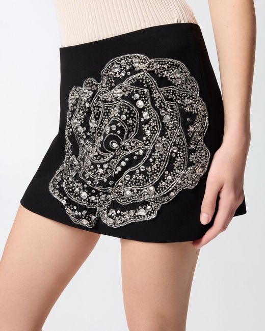 Pinko Black Mini Skirt With Embroidered Jewel Rose