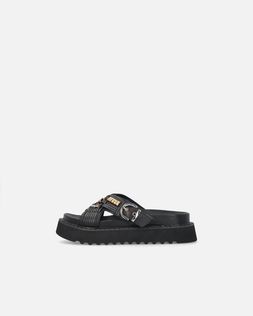 Pinko White Woven Nappa Leather Slip-On Sandals With Metallic Rings