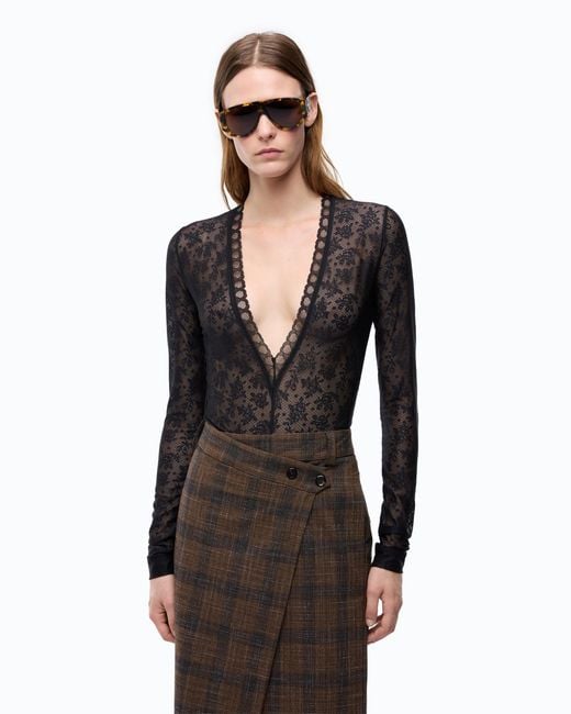 Pinko Black Floral Stretch Lace Bodysuit