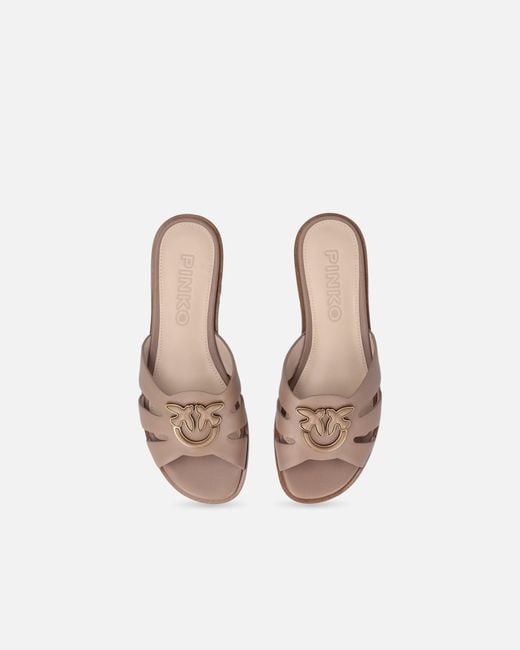 Pinko White Leather Slip-On Sandals With Love Birds Logo