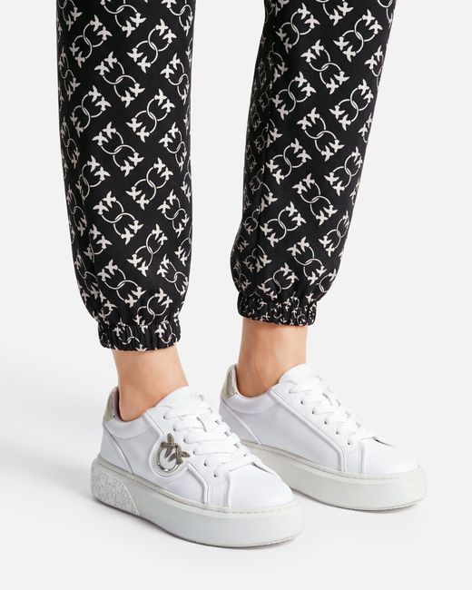 Pinko White Leather Sneakers With Love Birds Logo