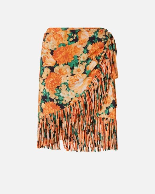 Pinko Orange Short Skirt With Fringing And Botanic Garden Print