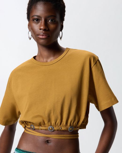 Pinko Natural Cropped T-Shirt With Lace And Texan Details